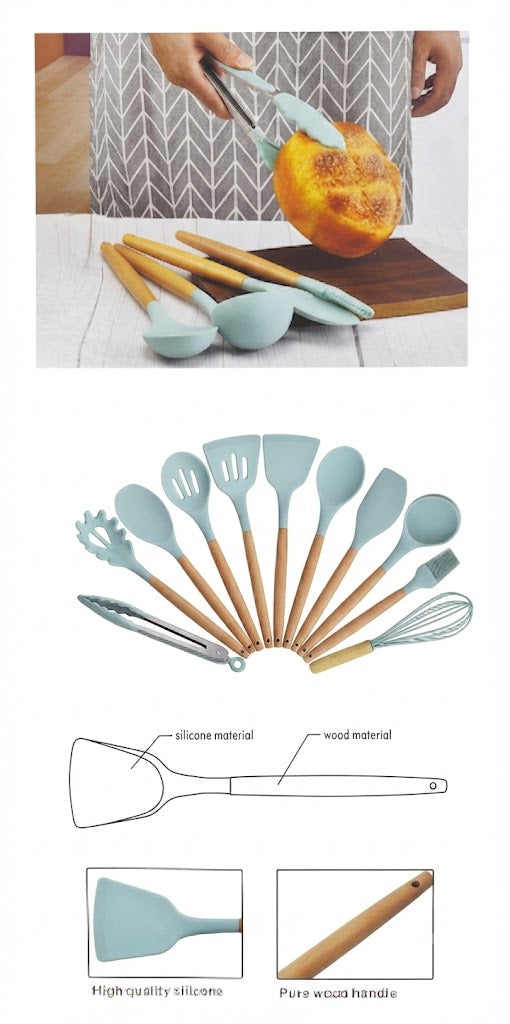 Yi Guan Silicone Kitchen Utensils Set with Wooden Handle – 12 Pcs - Assorted Colors