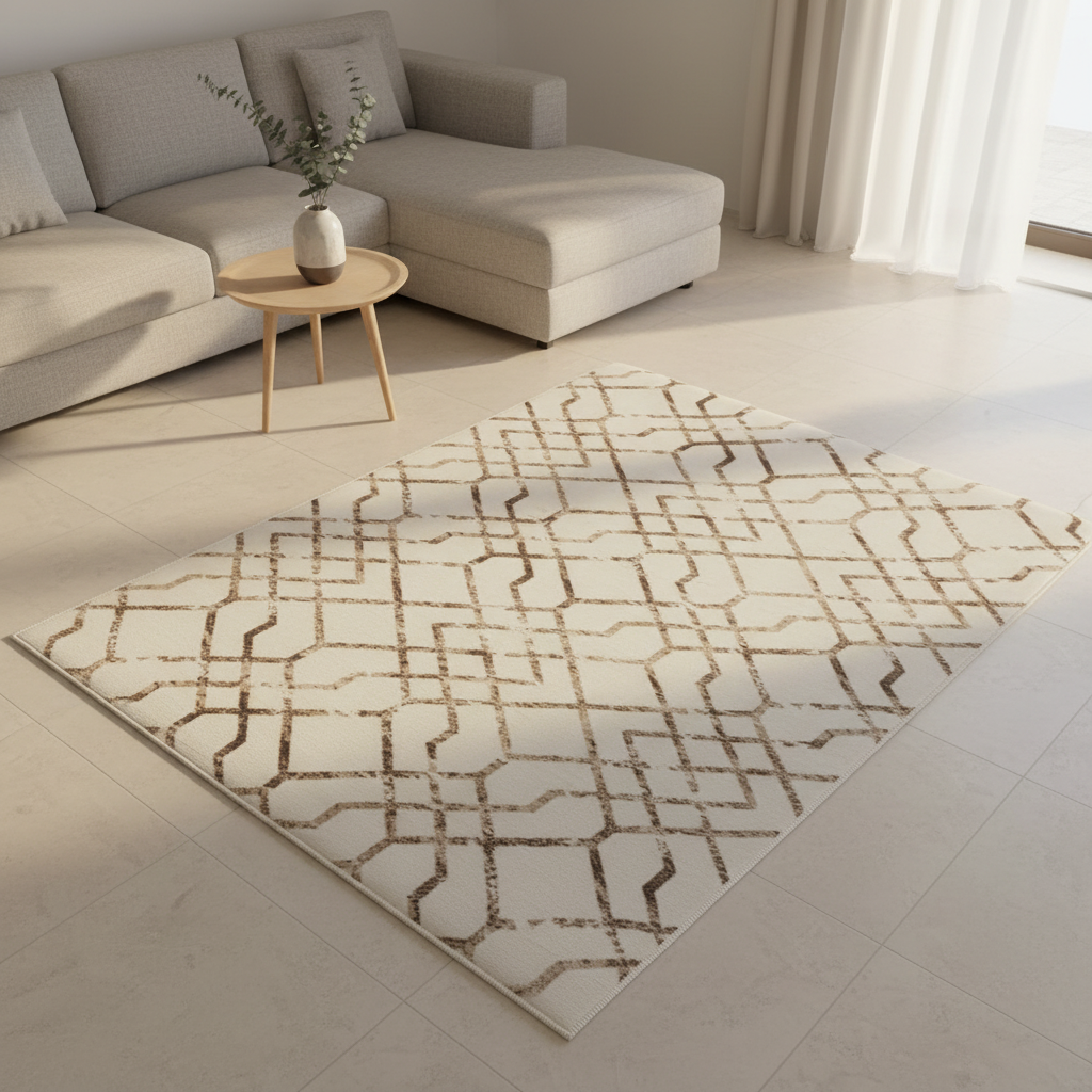 Anti-Slip Carpet Cream with Brown Geometric Pattern