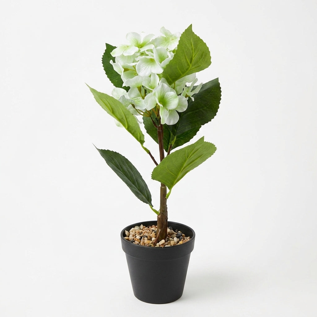White & Green Artificial Flower Plant with Black Plastic Pot - 45 cm