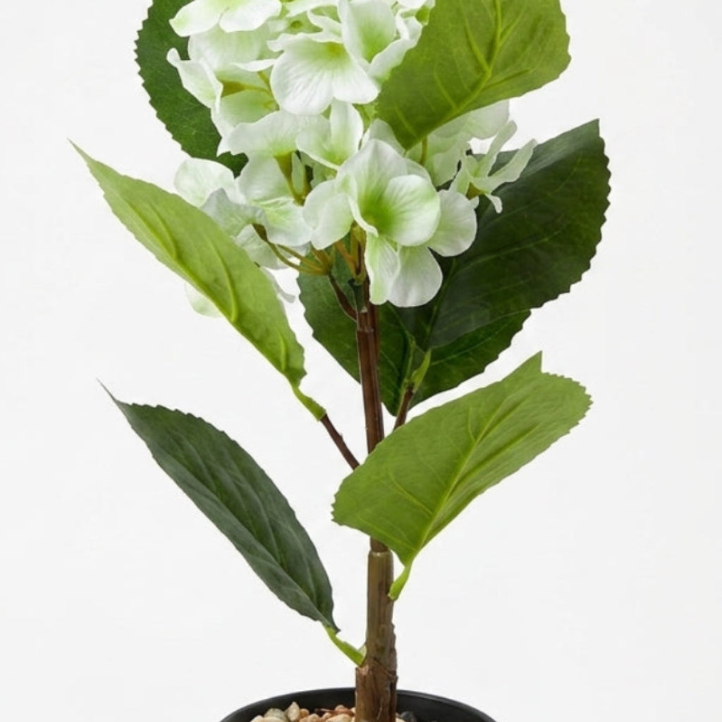 White & Green Artificial Flower Plant with Black Plastic Pot - 45 cm