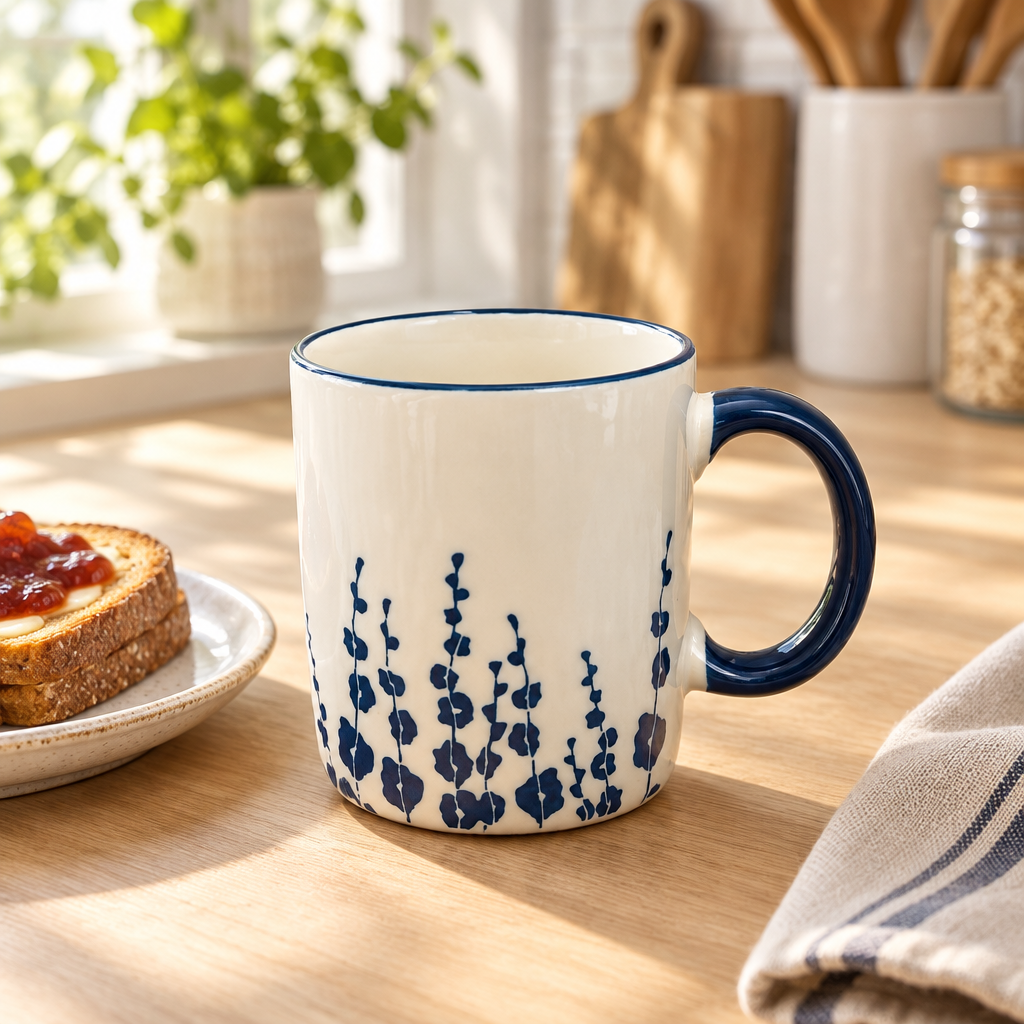 Ceramic Mug & Navy Blue Botanical Design - 350ml