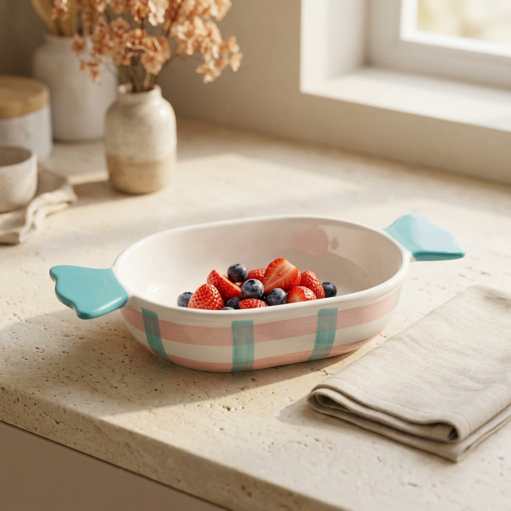 Ceramic Serving Dish with Handles Pink & Turquoise - 18×12cm