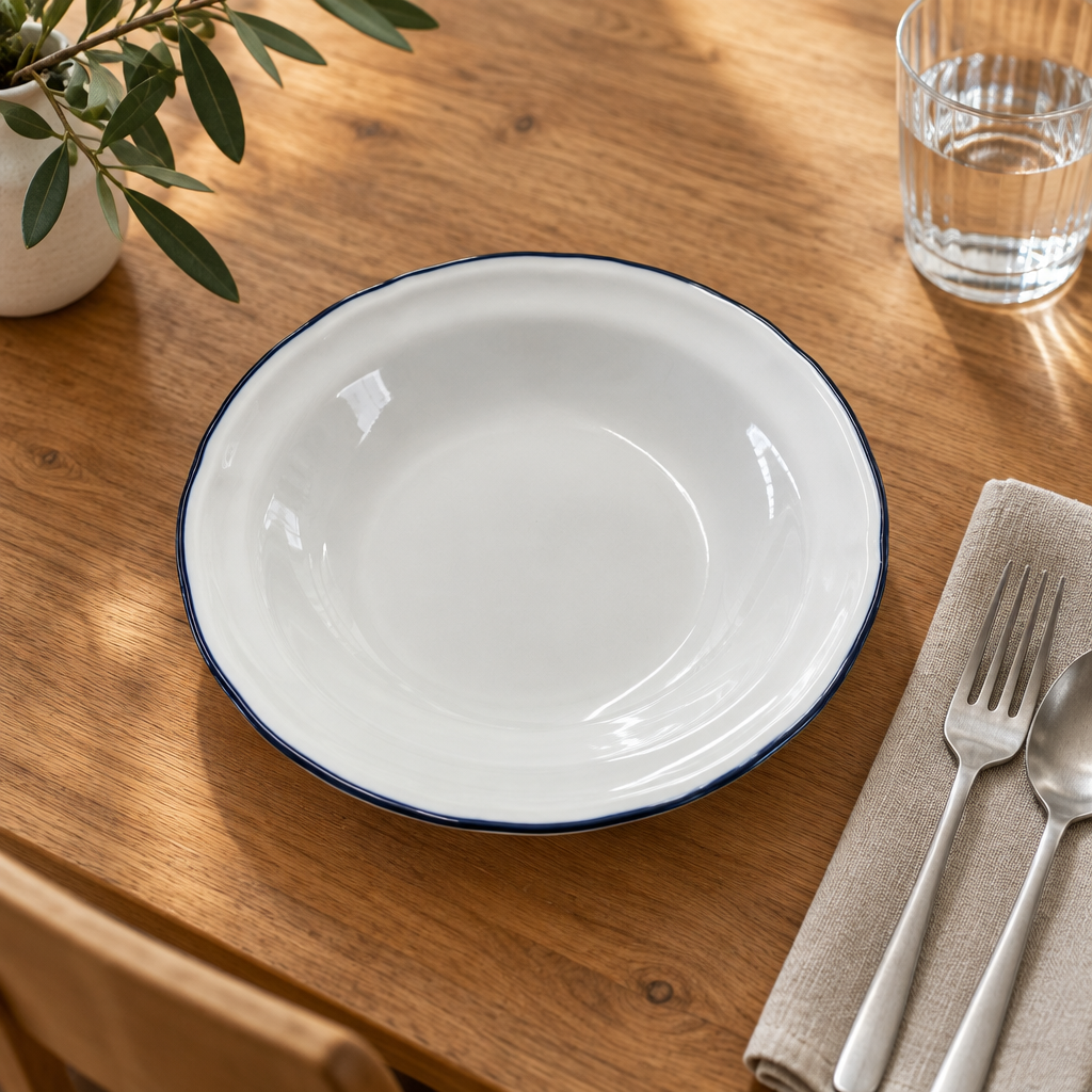 Luhpar Ceramic Soup Plate White with Blue Rim - 22cm