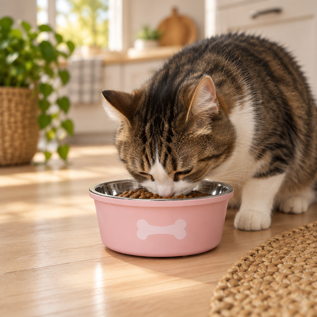 Silicone and Stainless Steel Pet Feeding Bowl Pink - 13.5cm