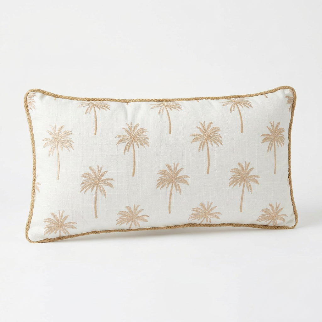 Rectangular Palm Tree Design Cushion Ivory & Beige - 30×70cm
