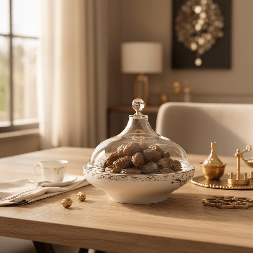 Dallah Addar White Ceramic Date Serving Bowl with Acrylic Cover – Premium Ramadan Date Display Tray for Home, Gatherings and Hospitality – 23 × 18 cm - Al Kabayel Discount CentreDallah Addar White Ceramic Date Serving Bowl with Acrylic Cover – Premium Ramadan Date Display Tray for Home, Gatherings and Hospitality – 23 × 18 cmBowlsDallah AddarAl Kabayel Discount Centre