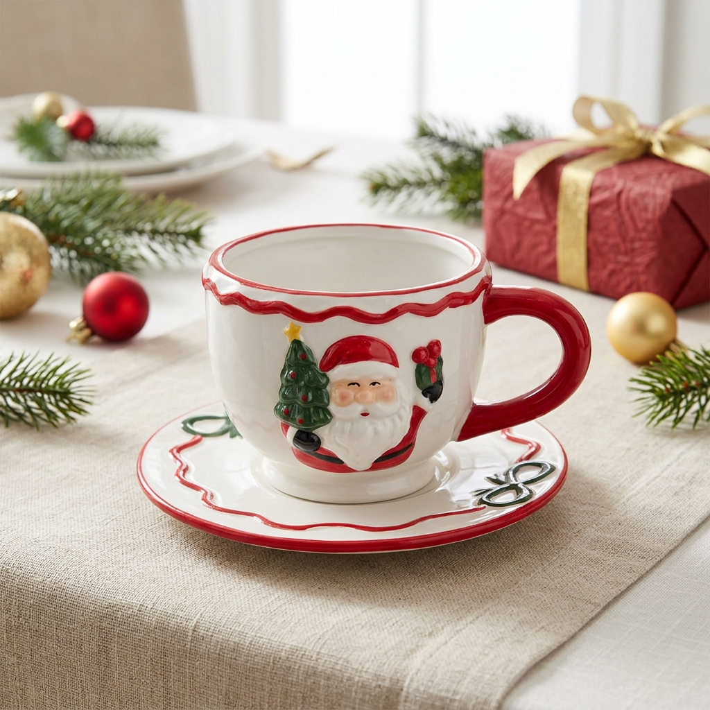 Ceramic Christmas Cup and Saucer Set - 300ml