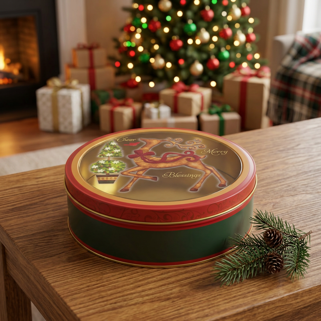 Round Metal Christmas Candy Box with Plastic Lid - 20cm