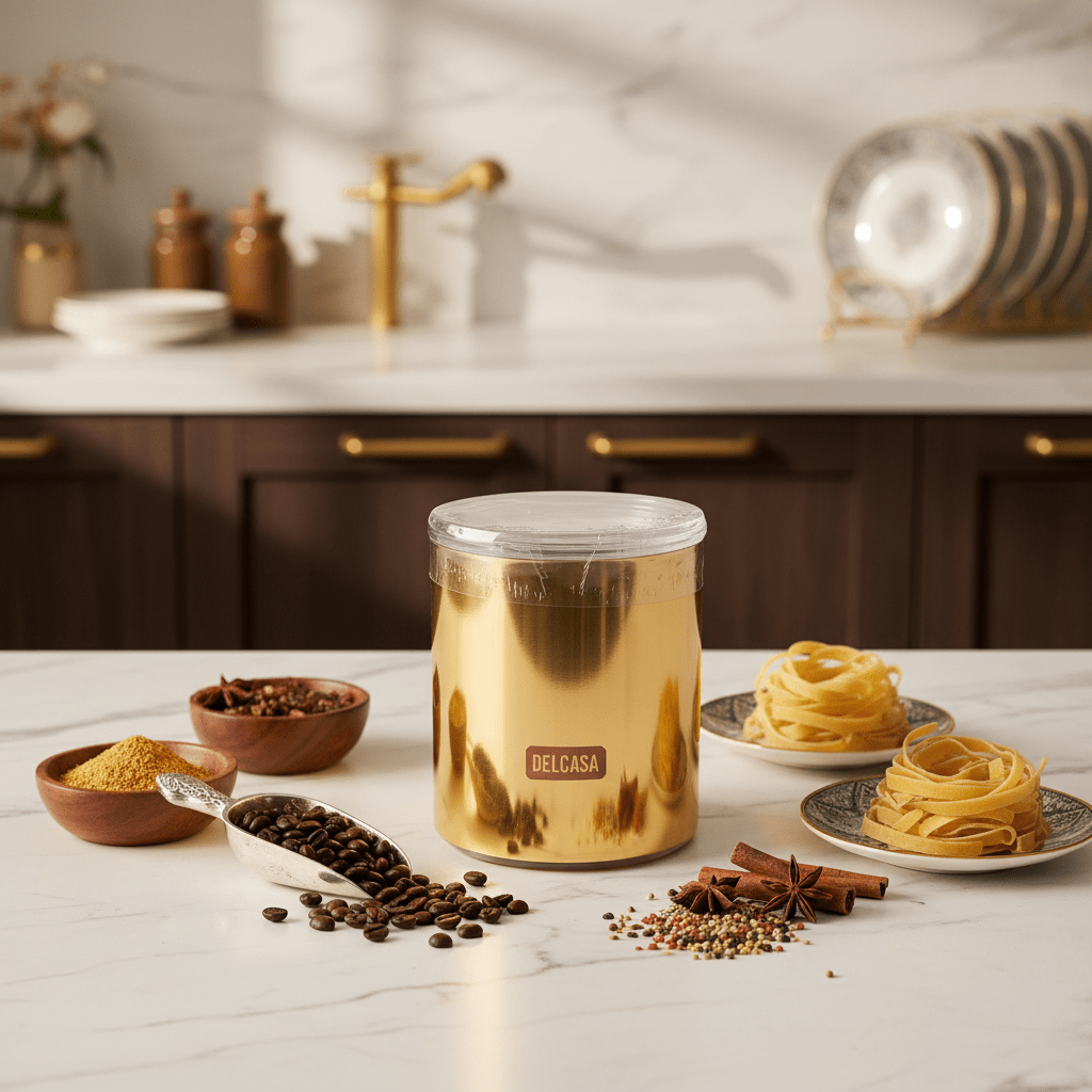 Delcasa Premium Airtight Golden Acrylic Storage Canister for Kitchen Dry Food Storage 750 ml - Al Kabayel Discount CentreDelcasa Premium Airtight Golden Acrylic Storage Canister for Kitchen Dry Food Storage 750 mlJars & Food SaversDELCASAAl Kabayel Discount Centre