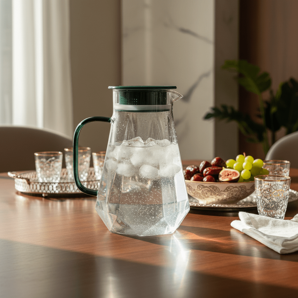 Deli 1.45L Premium Clear Glass Water Jug with Durable Black Handle – Elegant Beverage Pitcher for Juice, Water & Cold Drinks - Al Kabayel Discount CentreDeli 1.45L Premium Clear Glass Water Jug with Durable Black Handle – Elegant Beverage Pitcher for Juice, Water & Cold DrinksJugsDELIAl Kabayel Discount Centre