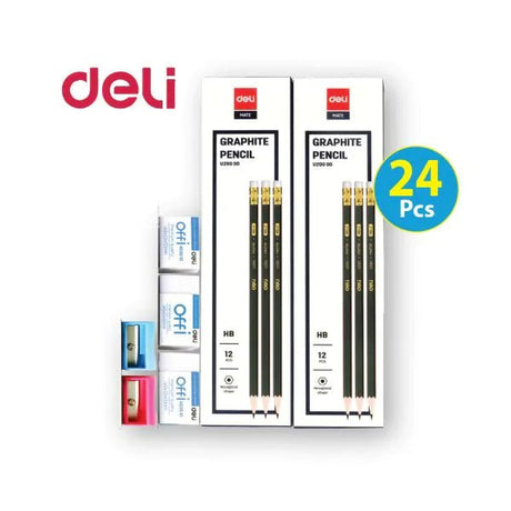 Deli Pencil 24Pcs + Eraser 3Pcs + Sharpener 2Pcs - Al Kabayel Discount CentreDeli Pencil 24Pcs + Eraser 3Pcs + Sharpener 2PcsPens, Pencils & MarkersDELIAl Kabayel Discount Centre