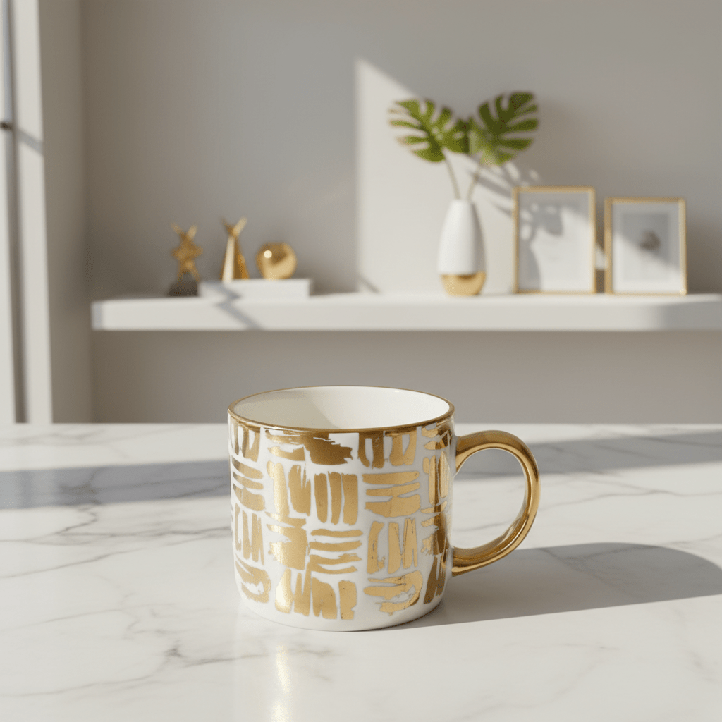 DH White Ceramic Mug with Golden Design & Handle — 350ml - Al Kabayel Discount CentreDH White Ceramic Mug with Golden Design & Handle — 350mlMugsDHAl Kabayel Discount Centre