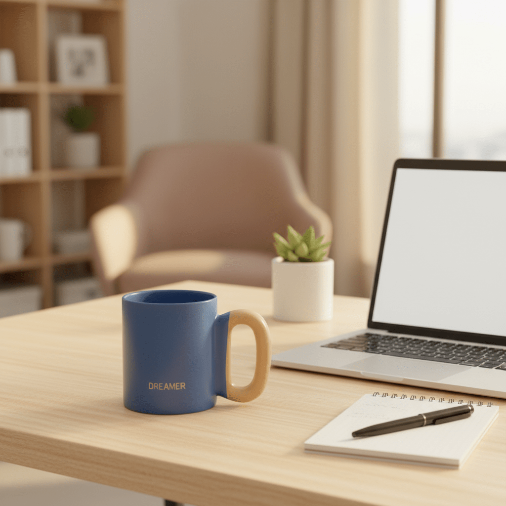DREAMER Matte Blue Ceramic Mug with Peach Handle — 300ml - Al Kabayel Discount CentreDREAMER Matte Blue Ceramic Mug with Peach Handle — 300mlMugsAKDCAl Kabayel Discount Centre