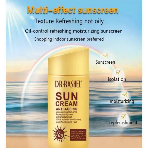 Dr.Rashel Sun Cream Anti - Ageing SPF 100+++ Gold & Collagen - 80gm - Al Kabayel Discount CentreDr.Rashel Sun Cream Anti - Ageing SPF 100+++ Gold & Collagen - 80gmSkin CareDR RASHELAl Kabayel Discount Centre
