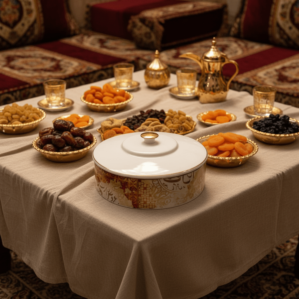 Dune Elegant White Ceramic Bowl with Arabic Pattern and Lid for Stylish Food Serving – 17.5 × 5 cm - Al Kabayel Discount CentreDune Elegant White Ceramic Bowl with Arabic Pattern and Lid for Stylish Food Serving – 17.5 × 5 cmBowlsDUNEAl Kabayel Discount Centre