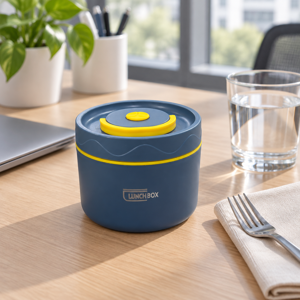 Plastic & Stainless Steel Round Lunch Box Blue – 10×10cm