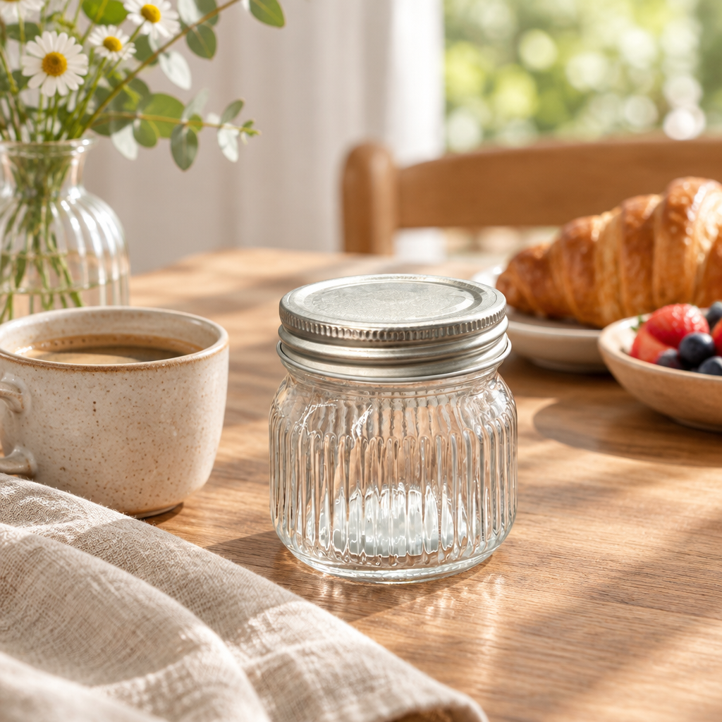 Nautilus Ribbed Glass Jar with Silver Lid - 220ml