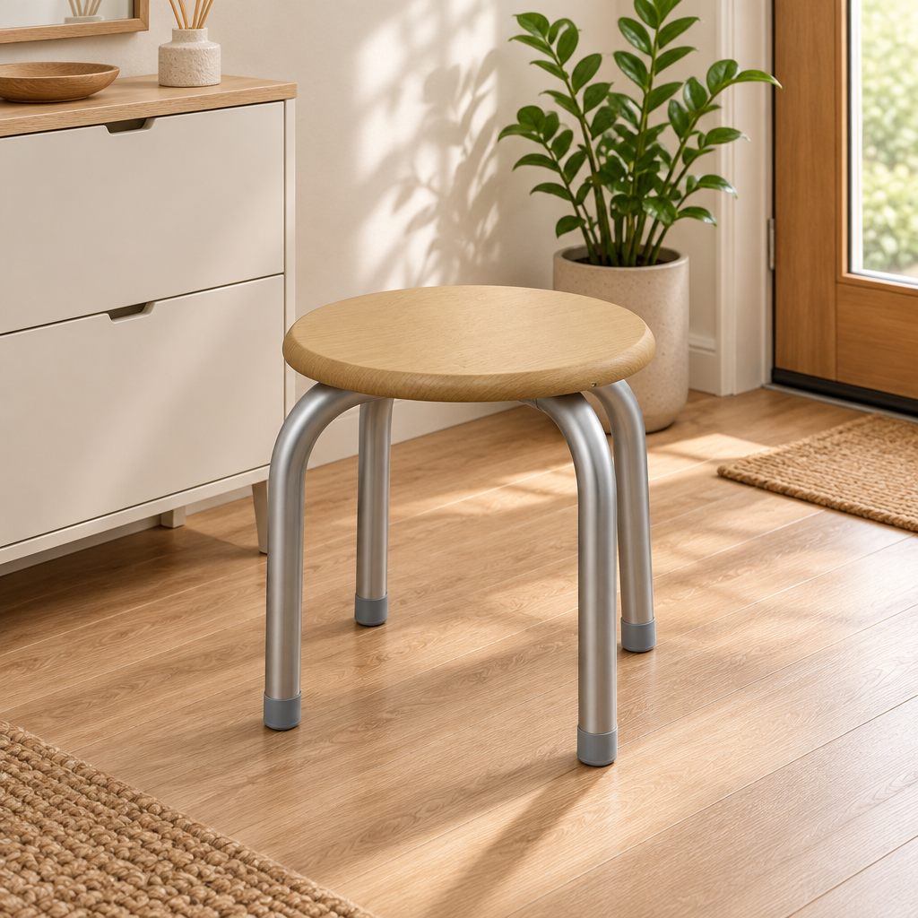 Round Wooden Stool with Silver Metal Legs - 25×30cm