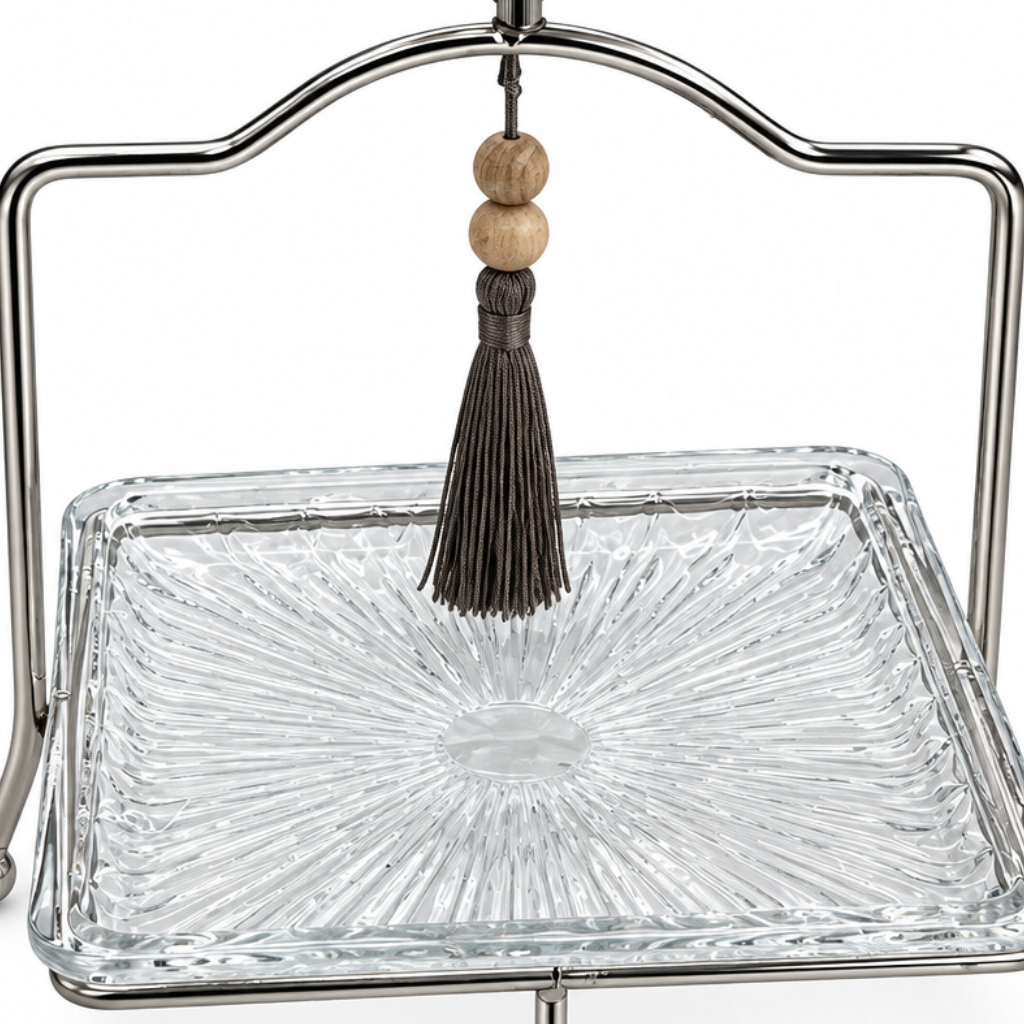 Glass Tray with Silver-Tone Metal Stand - 18×23cm