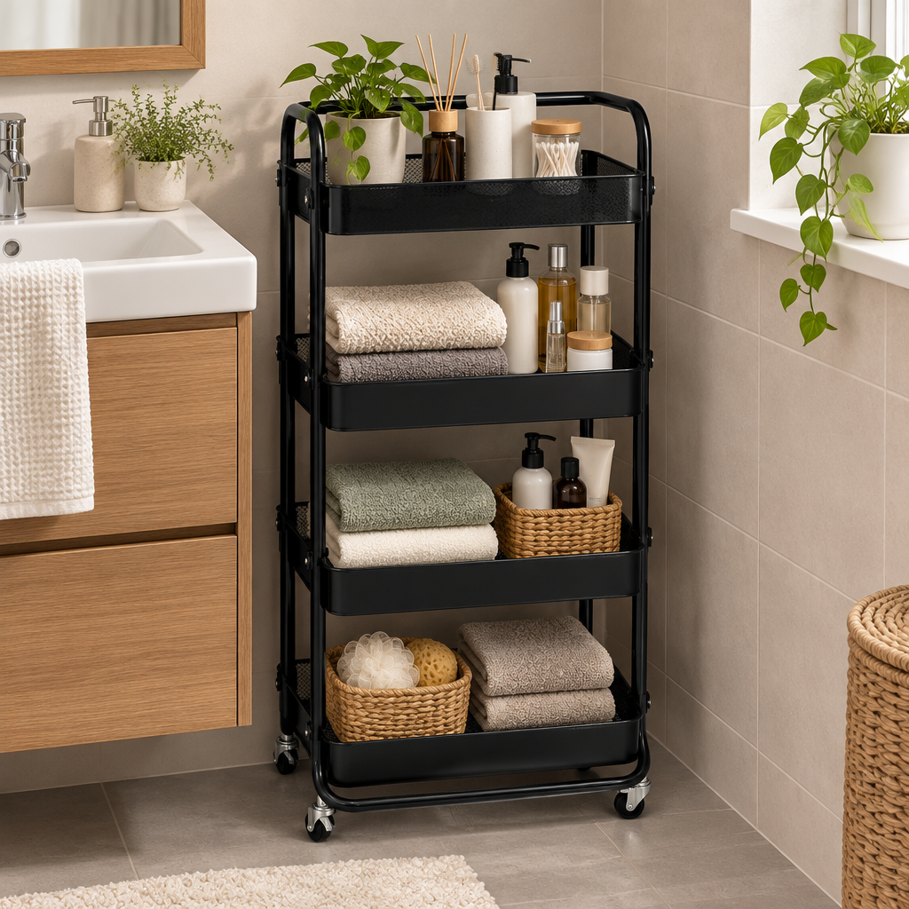 Metal 4-Tier Storage Trolley Black – 105x38x28cm