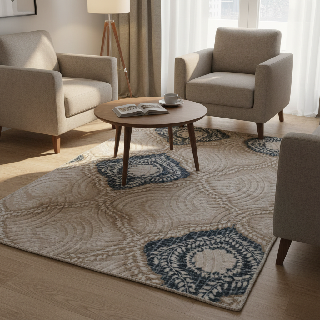 Carpet Cream & Navy Blue Ornamental Pattern