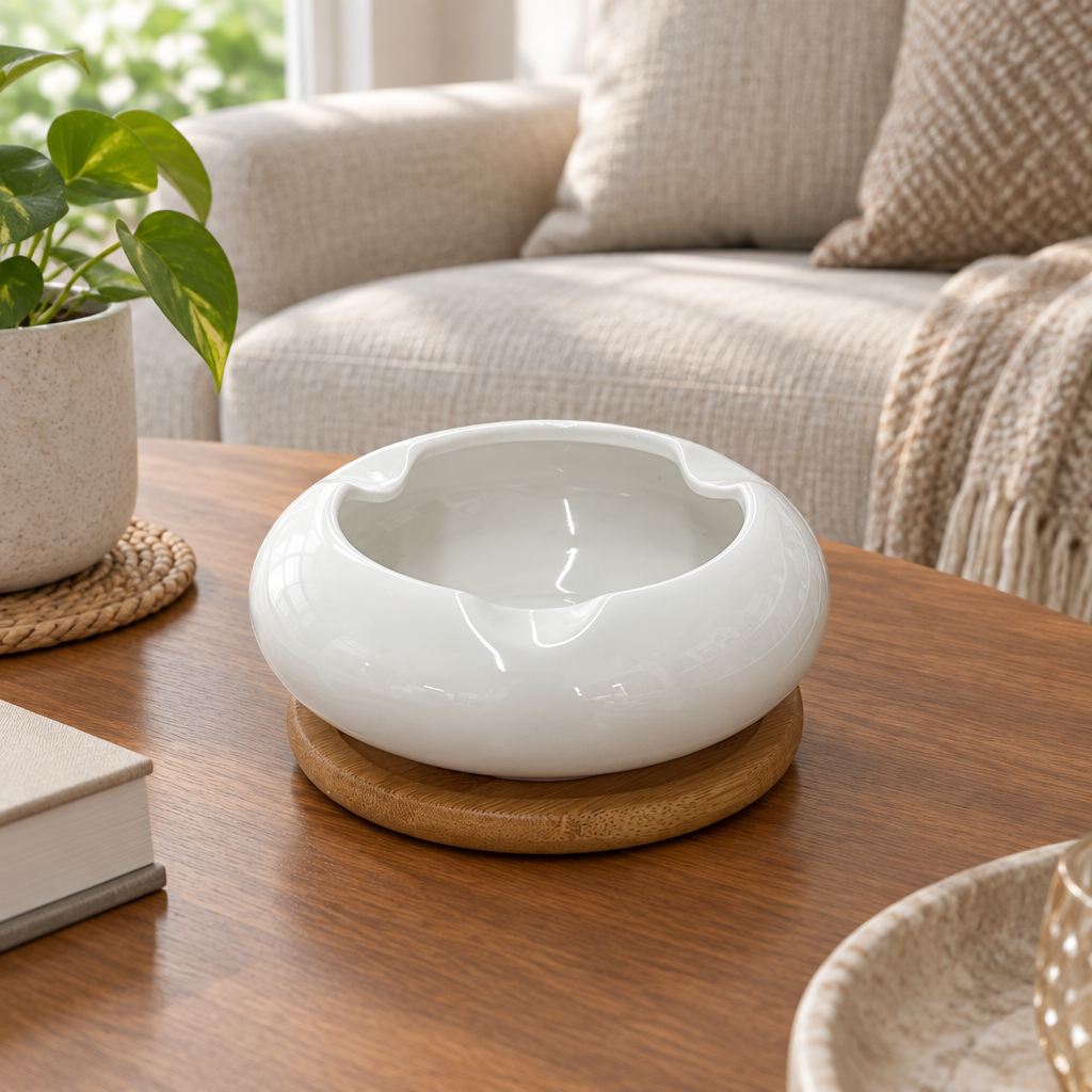 Ceramic Ashtray with Wooden Base - 12cm