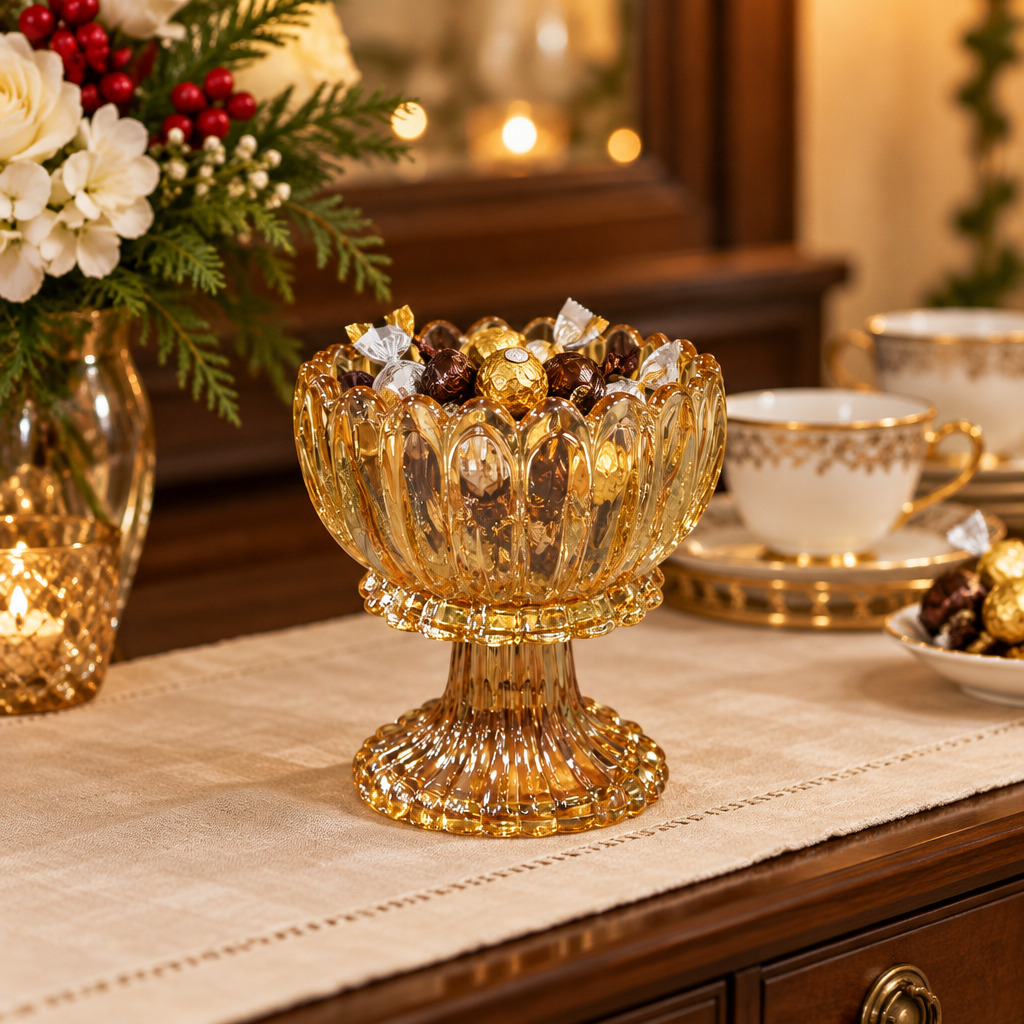 Glass Footed Candy Bowl with Scalloped Rim – 12×10cm
