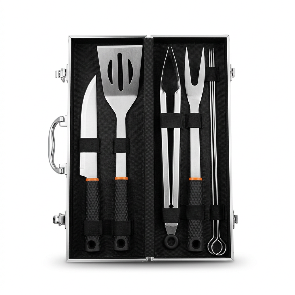 Metal BBQ Tools Set with Carrying Box Silver & Black