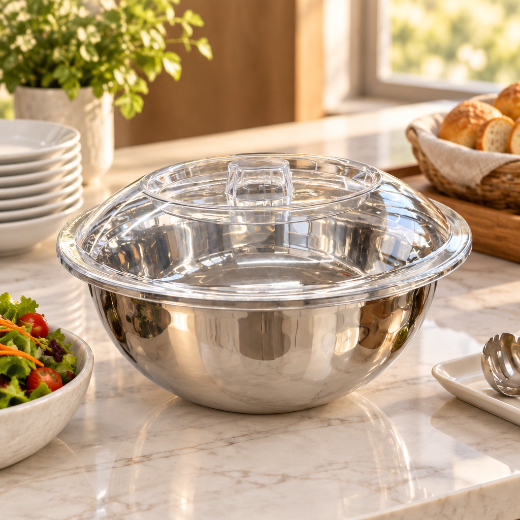 Stainless Steel Deep Bowl with Clear Acrylic Lid Silver – 36cm