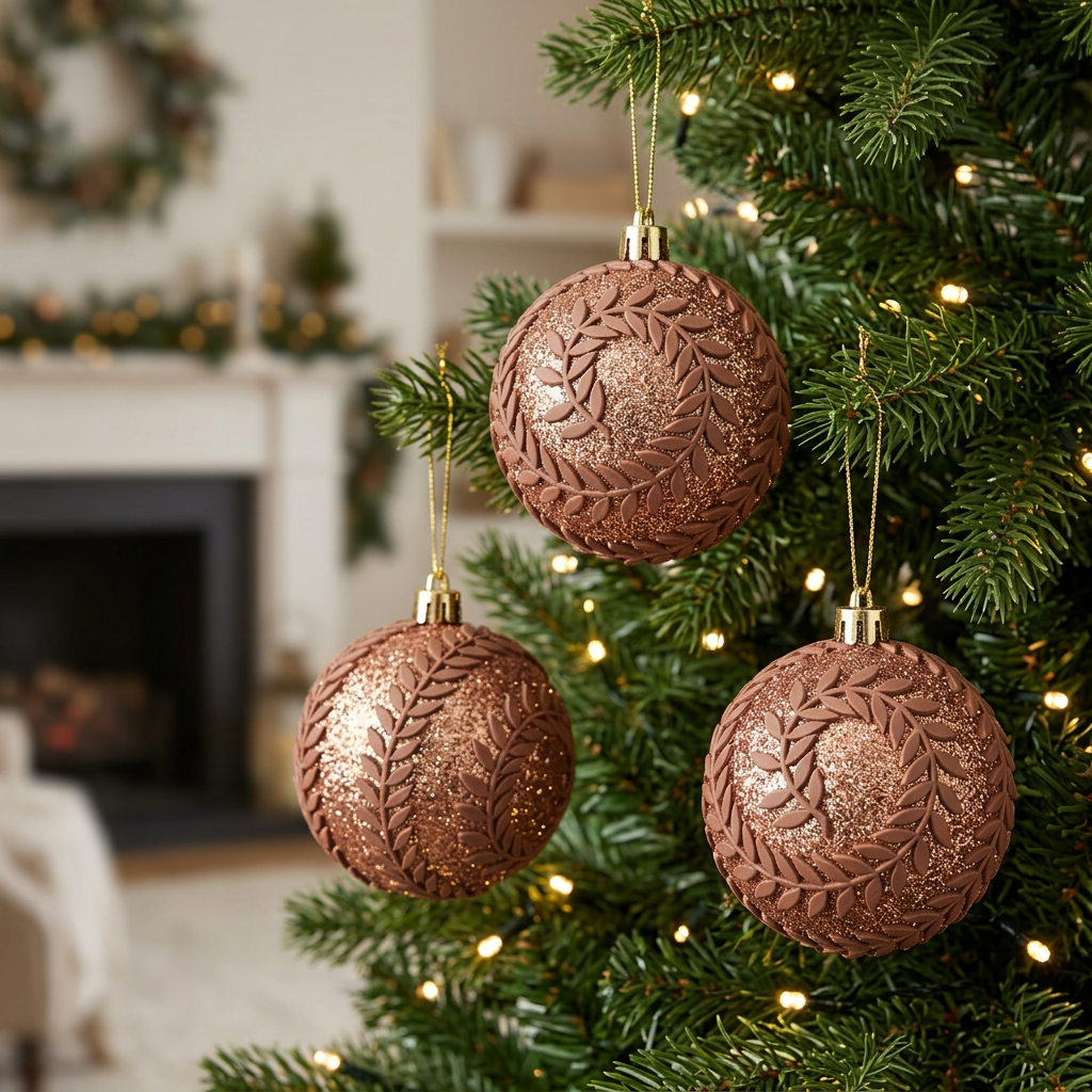 Plastic Christmas Décor Balls with Brown Leaf Design 3-Piece Set - 10cm