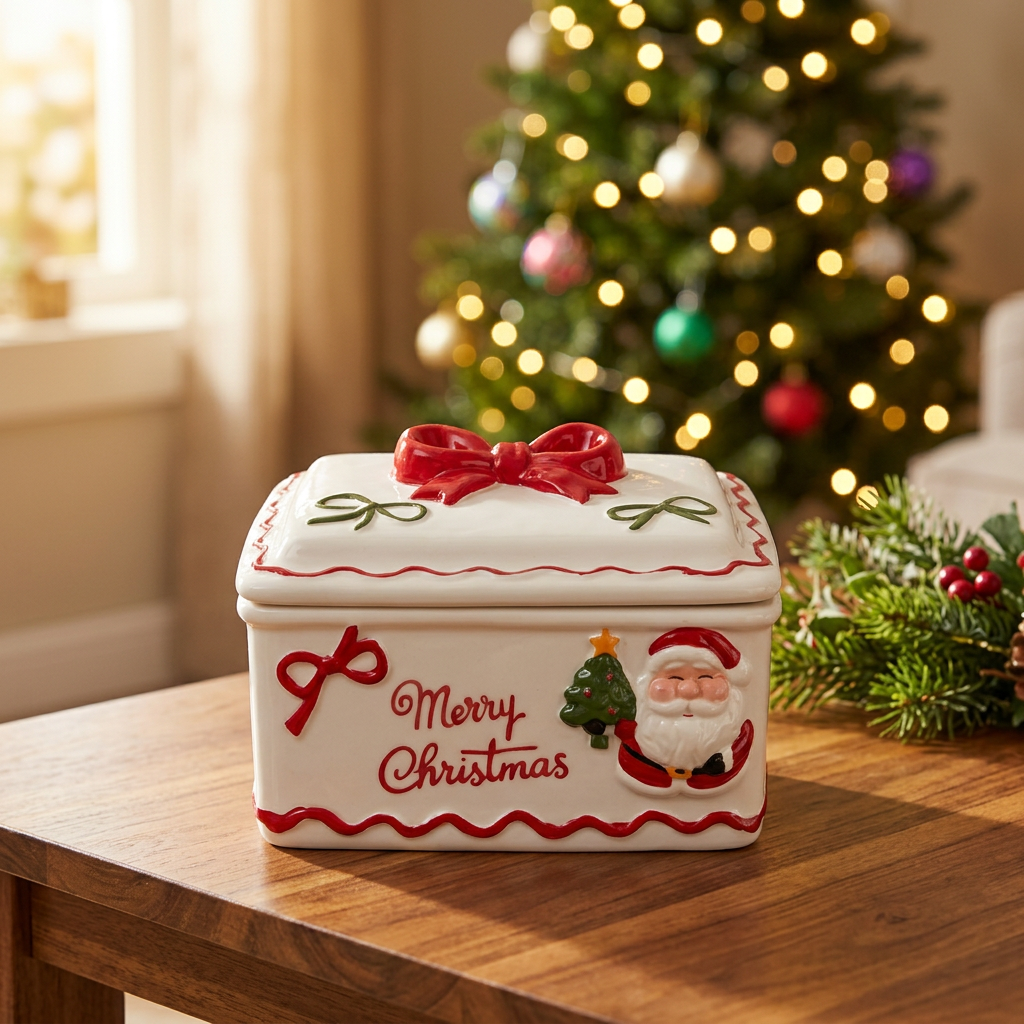 Ceramic Christmas Candy Box with Bow Lid - 15×12cm
