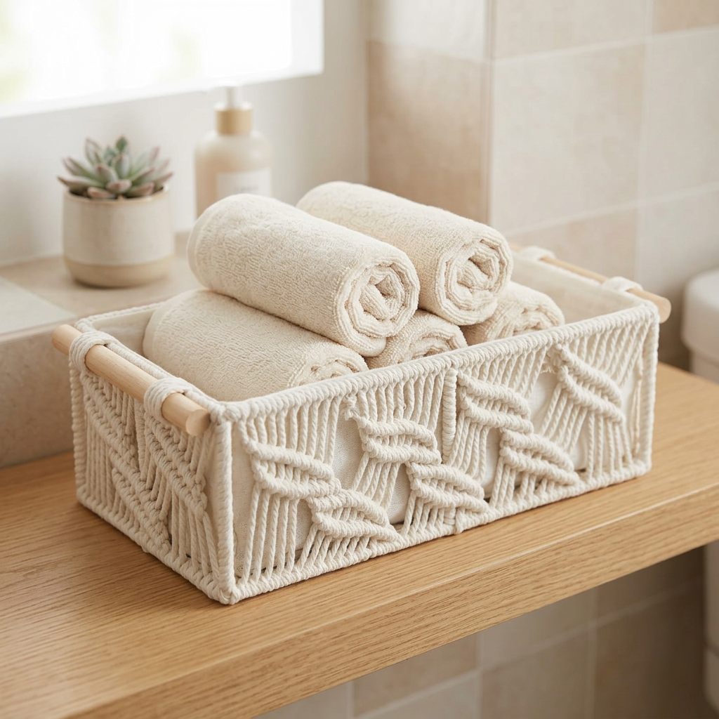 Rectangular Open Cloth Storage Box with Wooden Handles Cream – 35×17cm