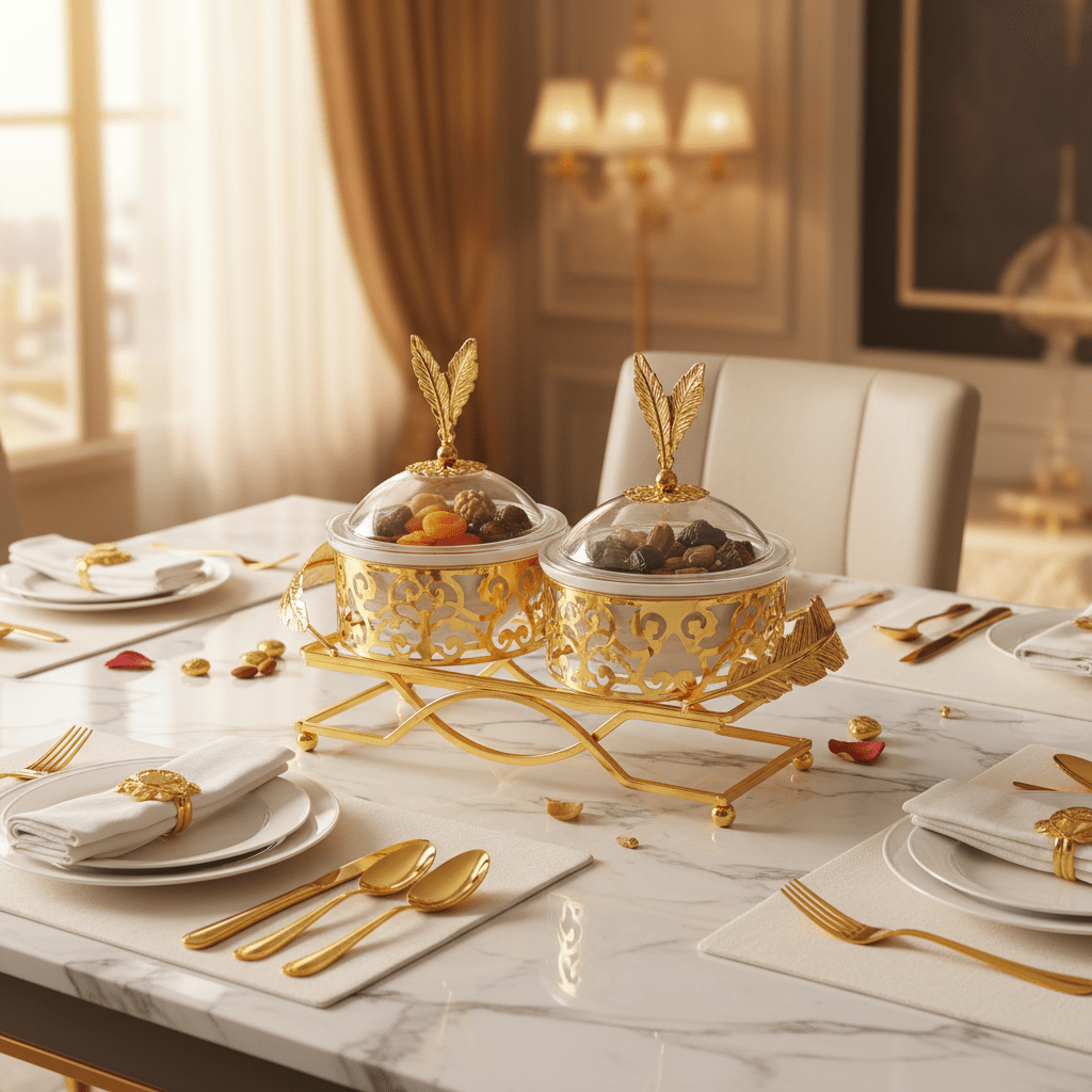 Elegant 2 - Section White Ceramic Candy Bowl with Luxury Gold Metal Holder & Lid – Premium Serving Tray for Chocolates Snacks and Dry Fruits 25×12 cm - Al Kabayel Discount CentreElegant 2 - Section White Ceramic Candy Bowl with Luxury Gold Metal Holder & Lid – Premium Serving Tray for Chocolates Snacks and Dry Fruits 25×12 cmJars & Food SaversAKDCAl Kabayel Discount Centre