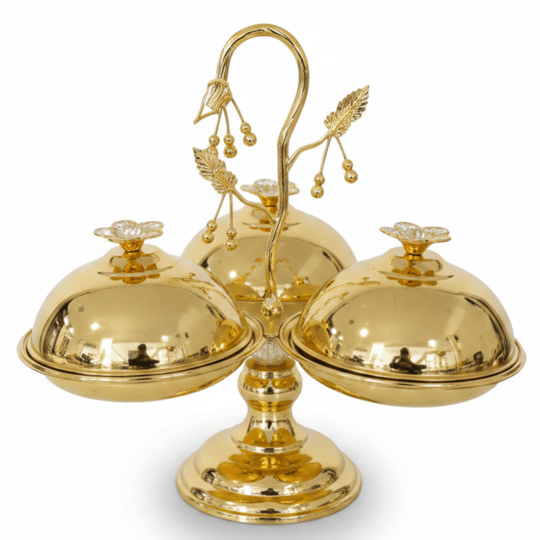 Elegant 3 - Section Gold Candy Serving Bowl with Lid – Footed Design for Nuts, Sweets & Dry Fruits – 17 × 33 cm - Al Kabayel Discount CentreElegant 3 - Section Gold Candy Serving Bowl with Lid – Footed Design for Nuts, Sweets & Dry Fruits – 17 × 33 cmServing TraysAKDCAl Kabayel Discount Centre