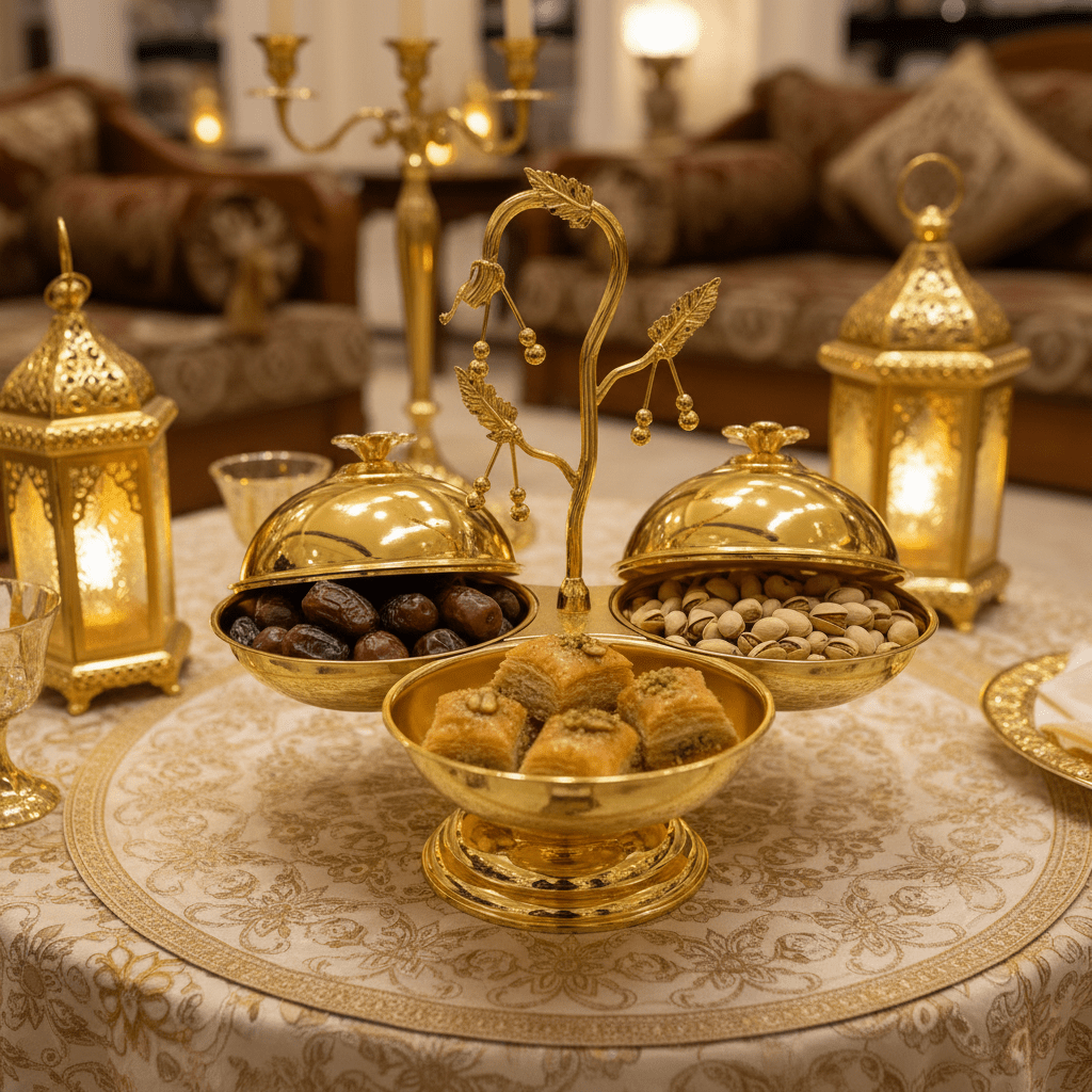 Elegant 3 - Section Gold Candy Serving Bowl with Lid – Footed Design for Nuts, Sweets & Dry Fruits – 17 × 33 cm - Al Kabayel Discount CentreElegant 3 - Section Gold Candy Serving Bowl with Lid – Footed Design for Nuts, Sweets & Dry Fruits – 17 × 33 cmServing TraysAKDCAl Kabayel Discount Centre