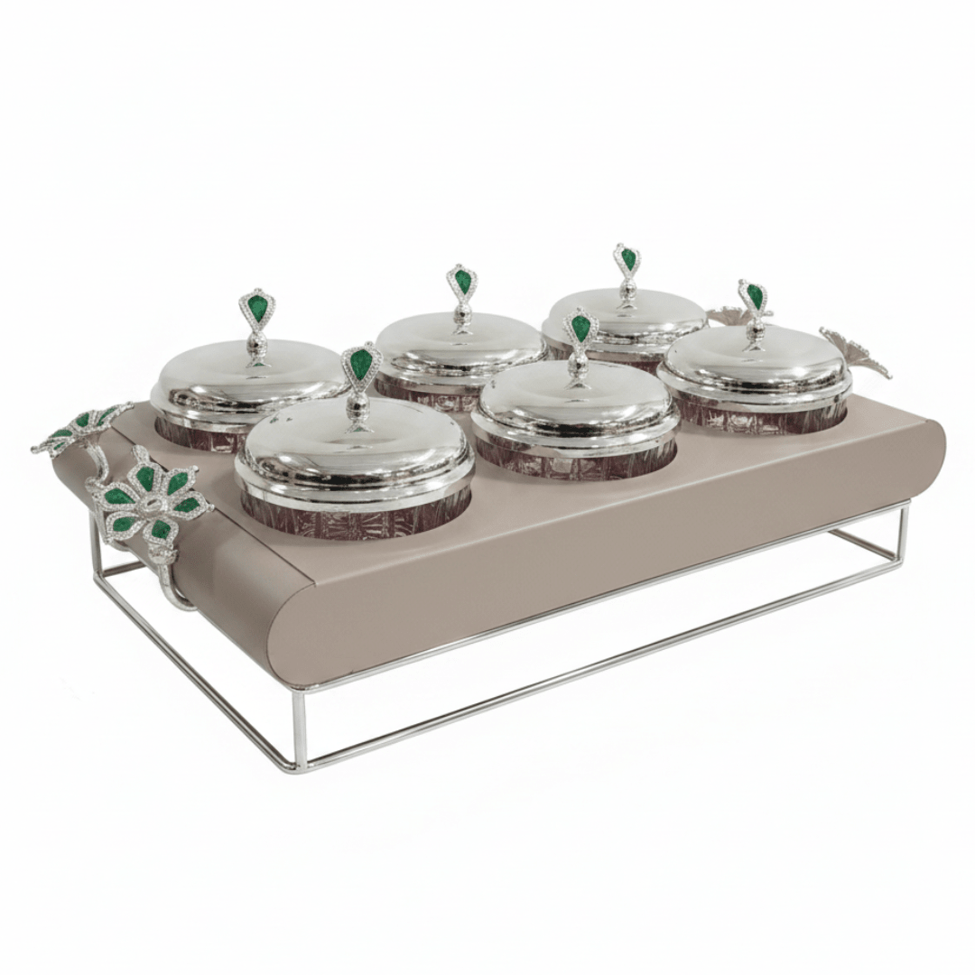 Elegant 6 - Section Glass Candy Bowl with Beige Metal Holder & Silver Lid – Luxury Serving Tray for Nuts Chocolates Dates and Dry Fruits 35×24 cm - Al Kabayel Discount CentreElegant 6 - Section Glass Candy Bowl with Beige Metal Holder & Silver Lid – Luxury Serving Tray for Nuts Chocolates Dates and Dry Fruits 35×24 cmJars & Food SaversAKDCAl Kabayel Discount Centre