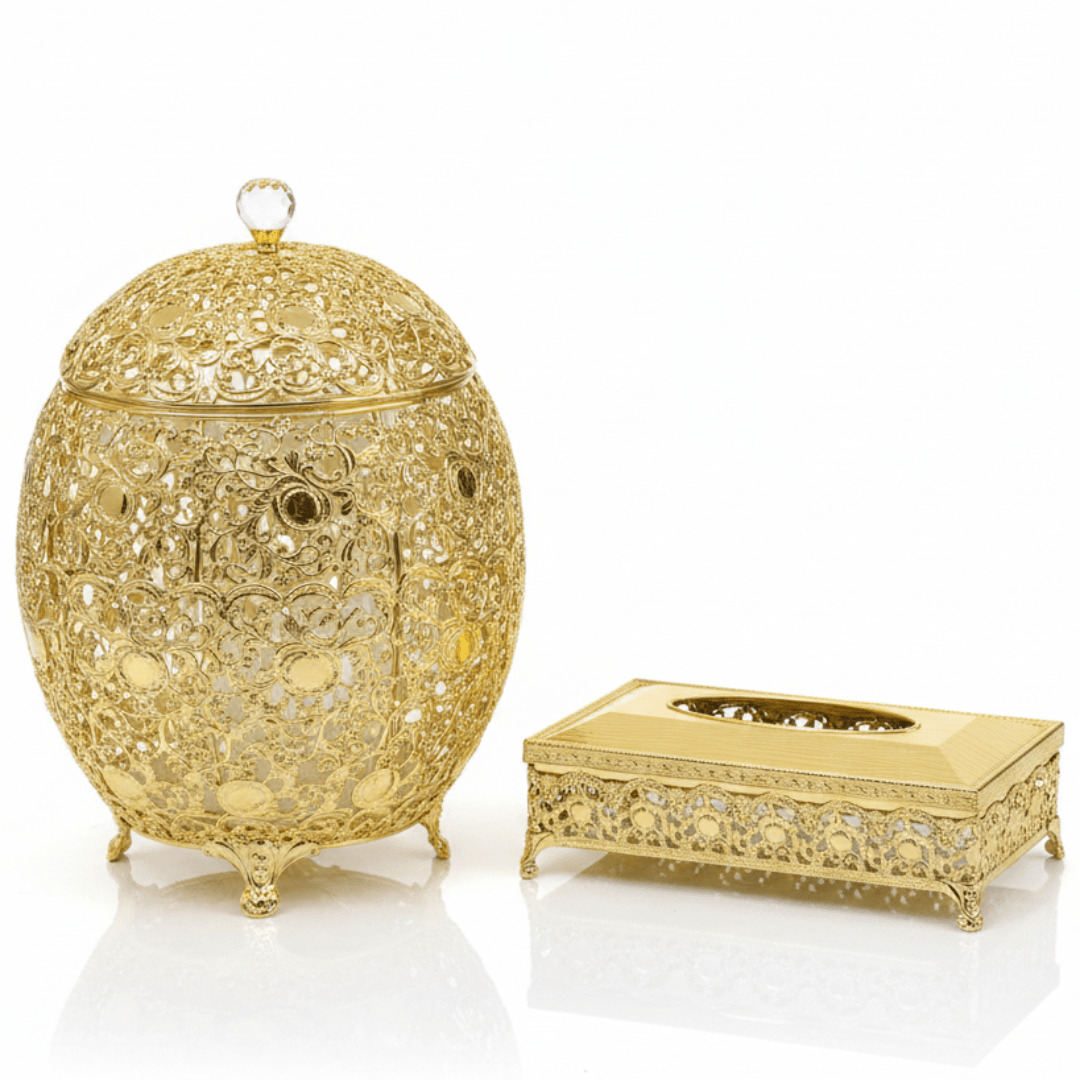 Elegant Acrylic Dustbin with Gold Metal Base and Coordinated Tissue Box Set – Luxury Home Accessory – 36 × 21 cm & 26 × 13 cm - Al Kabayel Discount CentreElegant Acrylic Dustbin with Gold Metal Base and Coordinated Tissue Box Set – Luxury Home Accessory – 36 × 21 cm & 26 × 13 cmOrganizers & AccessoriesAKDCAl Kabayel Discount Centre