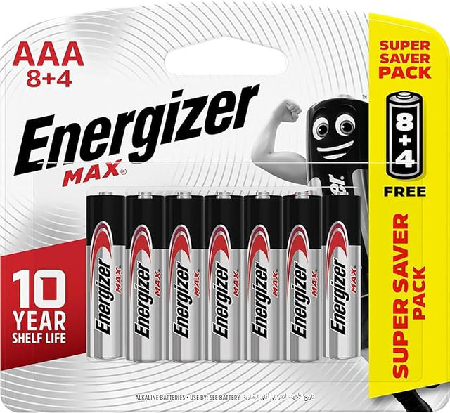 ENERGIZER MAX AAA Alkaline Batteries 1.5V Saver Pack Of 8+4 - Al Kabayel Discount CentreENERGIZER MAX AAA Alkaline Batteries 1.5V Saver Pack Of 8+4BatteriesENERGIZERAl Kabayel Discount Centre