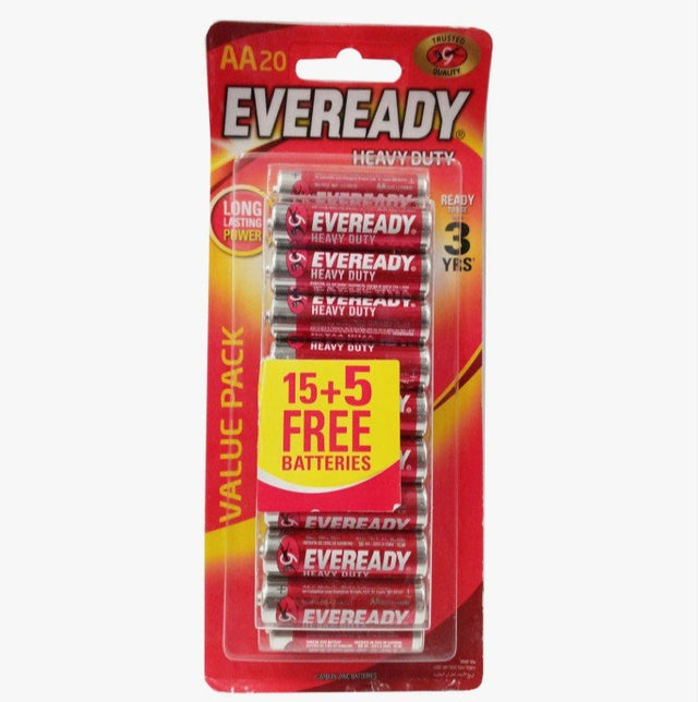 EVEREADY AA Heavy Duty Battery 1.5V, Pack of 15+5 - Al Kabayel Discount CentreEVEREADY AA Heavy Duty Battery 1.5V, Pack of 15+5BatteriesEVEREADYAl Kabayel Discount Centre