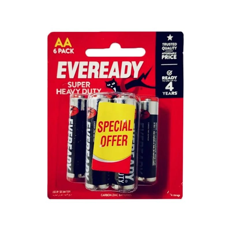 EVEREADY AA Super Heavy Duty Battery 1.5V, Pack of 4+2 - Al Kabayel Discount CentreEVEREADY AA Super Heavy Duty Battery 1.5V, Pack of 4+2BatteriesEVEREADYAl Kabayel Discount Centre
