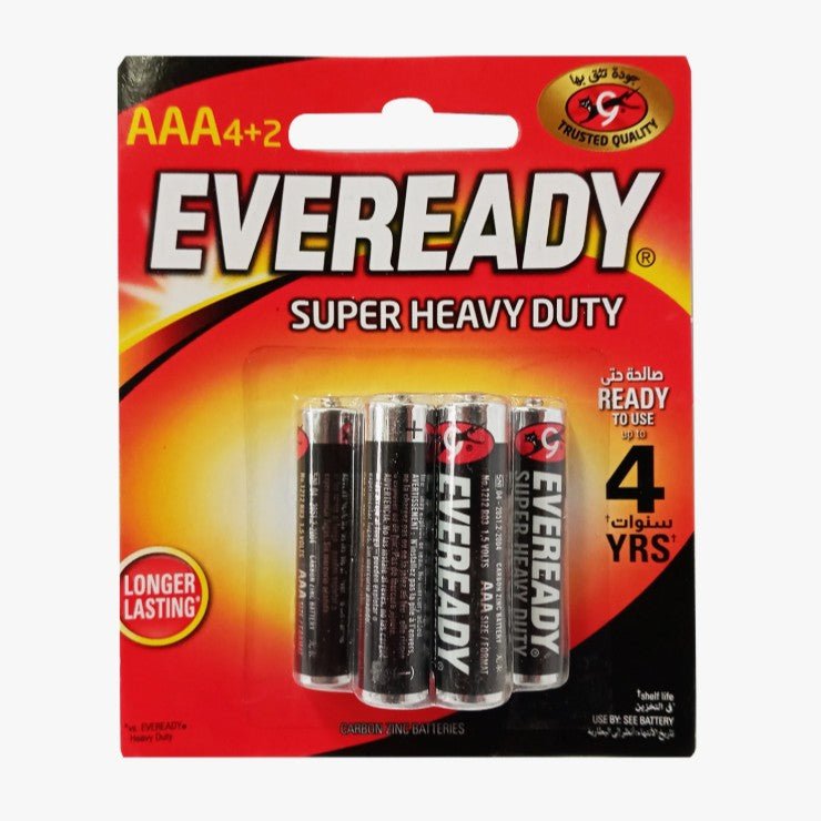 EVEREADY AAA Super Heavy Duty Battery 1.5V, Pack of 4+2 - Al Kabayel Discount CentreEVEREADY AAA Super Heavy Duty Battery 1.5V, Pack of 4+2BatteriesEVEREADYAl Kabayel Discount Centre