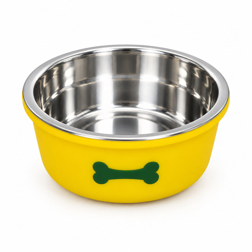 Yellow Silicone and Stainless Steel Pet Feeding Bowl - 13.5cm