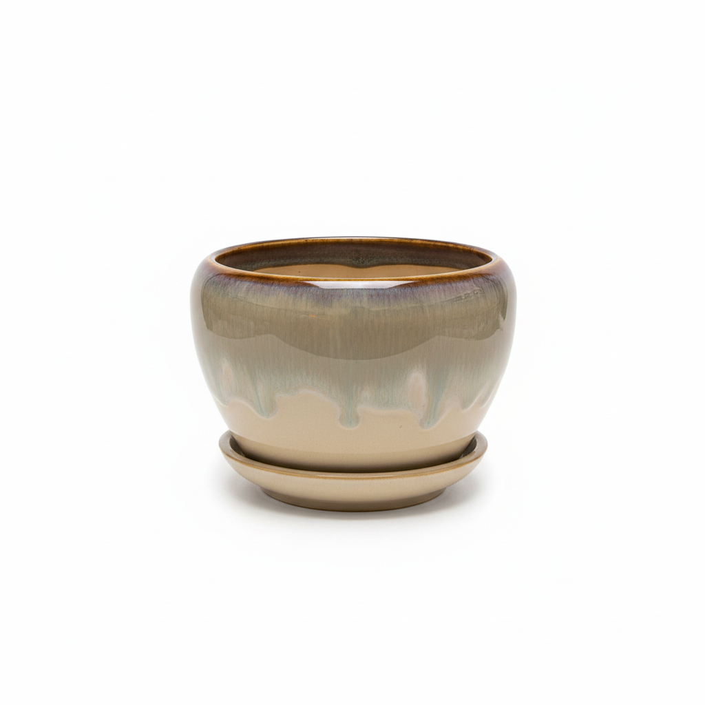 Ceramic Vase with Base Taupe Beige - 10×12cm
