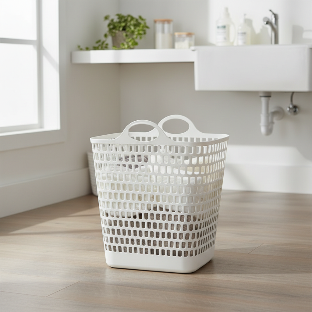 Plastic Laundry Basket with Handles – 53×47×25cm - Pink / White / Grey