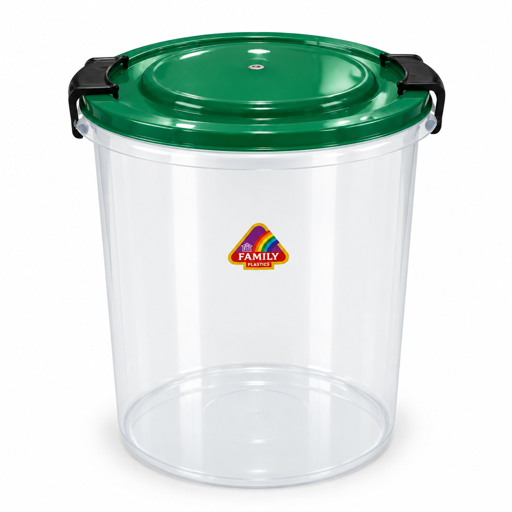 Family Plastic Storage Basket with Locking Lid - 25Litres - Green / Red / Blue
