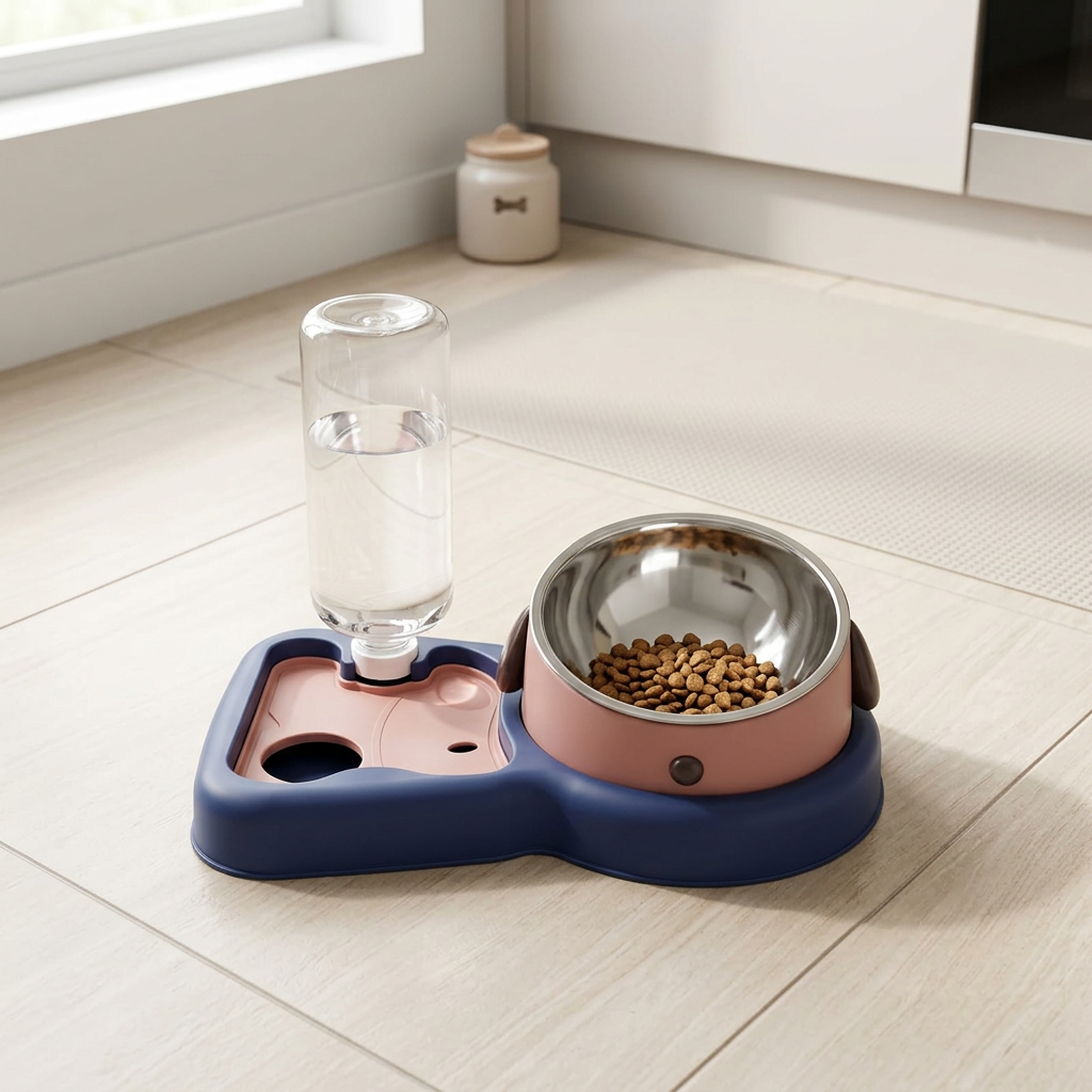 Plastic & Metal Pet Food and Water Server with Bottle Navy Blue & Pink - 30×15cm