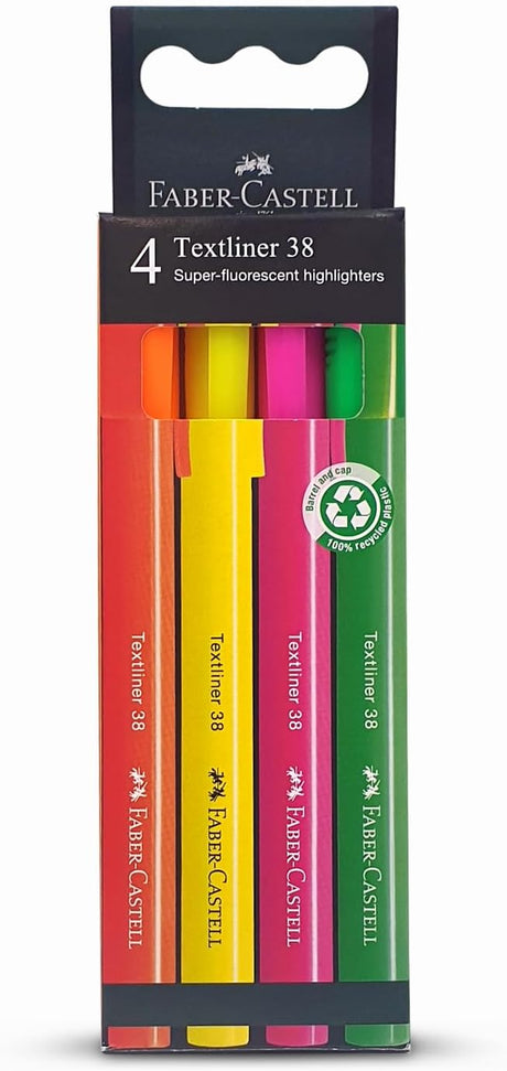 Faber - Castell Faber Castell Textliner 38 Highlighter 4 - Pieces, Multicolor - Al Kabayel Discount CentreFaber - Castell Faber Castell Textliner 38 Highlighter 4 - Pieces, MulticolorPens, Pencils & MarkersFABER - CASTELLAl Kabayel Discount Centre