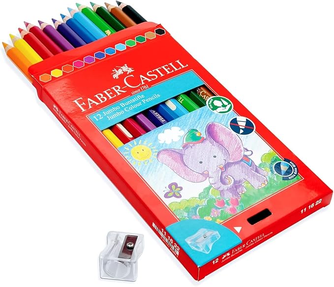 Faber - Castell Jumbo Colour Pencils 12 Colour + Sharpener In A Cardboard Box, Multicolor, 111622, Classic - Al Kabayel Discount CentreFaber - Castell Jumbo Colour Pencils 12 Colour + Sharpener In A Cardboard Box, Multicolor, 111622, ClassicColor PencilsFABER - CASTELLAl Kabayel Discount Centre