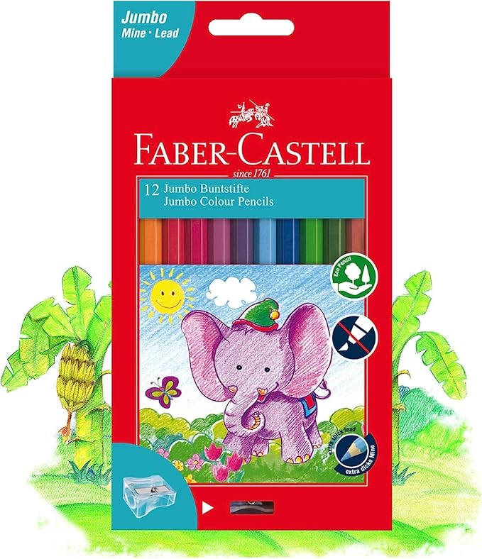 Faber - Castell Jumbo Colour Pencils 12 Colour + Sharpener In A Cardboard Box, Multicolor, 111622, Classic - Al Kabayel Discount CentreFaber - Castell Jumbo Colour Pencils 12 Colour + Sharpener In A Cardboard Box, Multicolor, 111622, ClassicColor PencilsFABER - CASTELLAl Kabayel Discount Centre