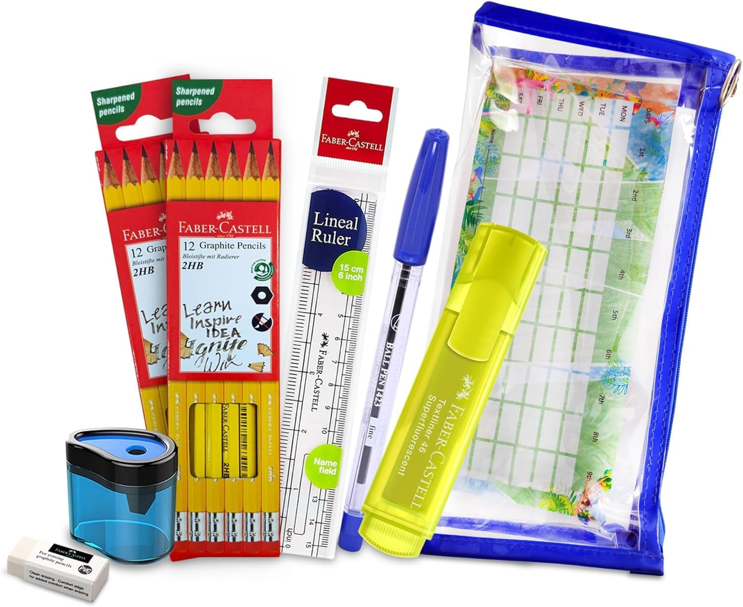 Faber - Castell School Stationery Writing Kit, Graphite pencil 24pcs + Highlighter Yellow + PVC Free Erase + Barreal sharpener + plastic ruler + Ball pen Blue + Clear Pencil Pouch - Al Kabayel Discount CentreFaber - Castell School Stationery Writing Kit, Graphite pencil 24pcs + Highlighter Yellow + PVC Free Erase + Barreal sharpener + plastic ruler + Ball pen Blue + Clear Pencil PouchPens, Pencils & MarkersFABER - CASTELLAl Kabayel Discount Centre